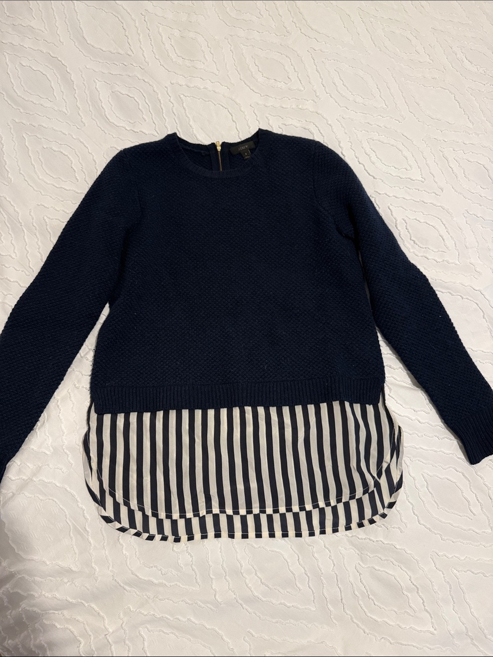 J. Crew Navy Crewneck Sweater with blue and White Striped Hem